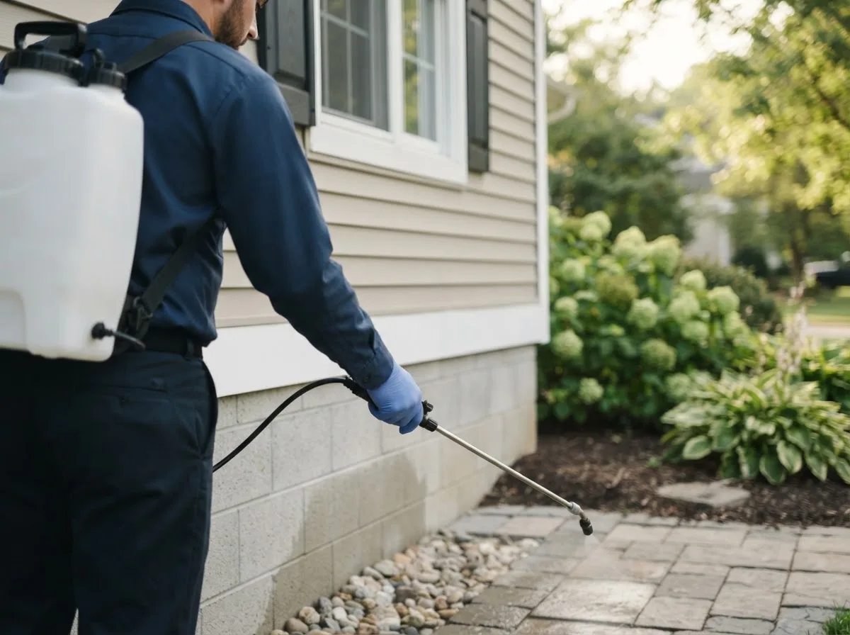 Pest control technician inspecting a home in Shiocton, WI